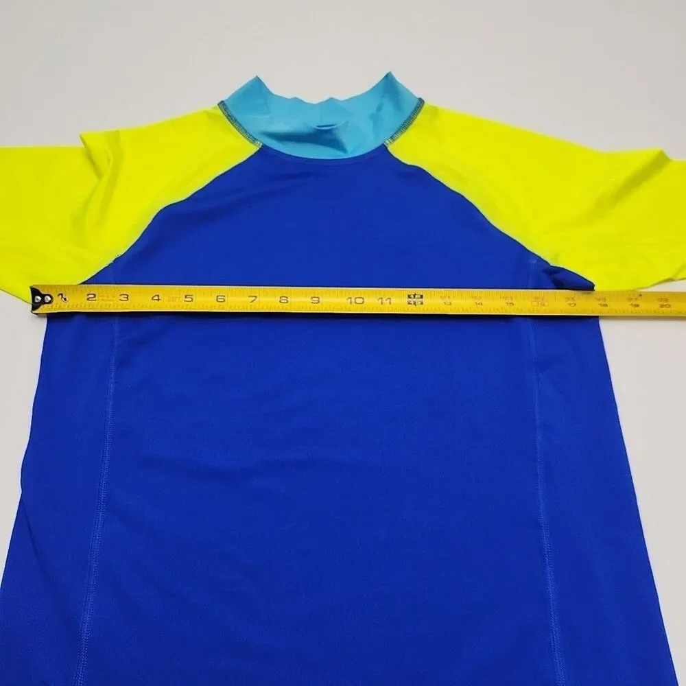 Lands End Rash Guard Swim Shirt Blue Yellow Short Sleeve Boy Youth XL 14-16 Mock